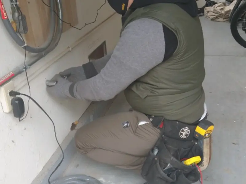 Electrician performing outlet wiring in a Rush garage